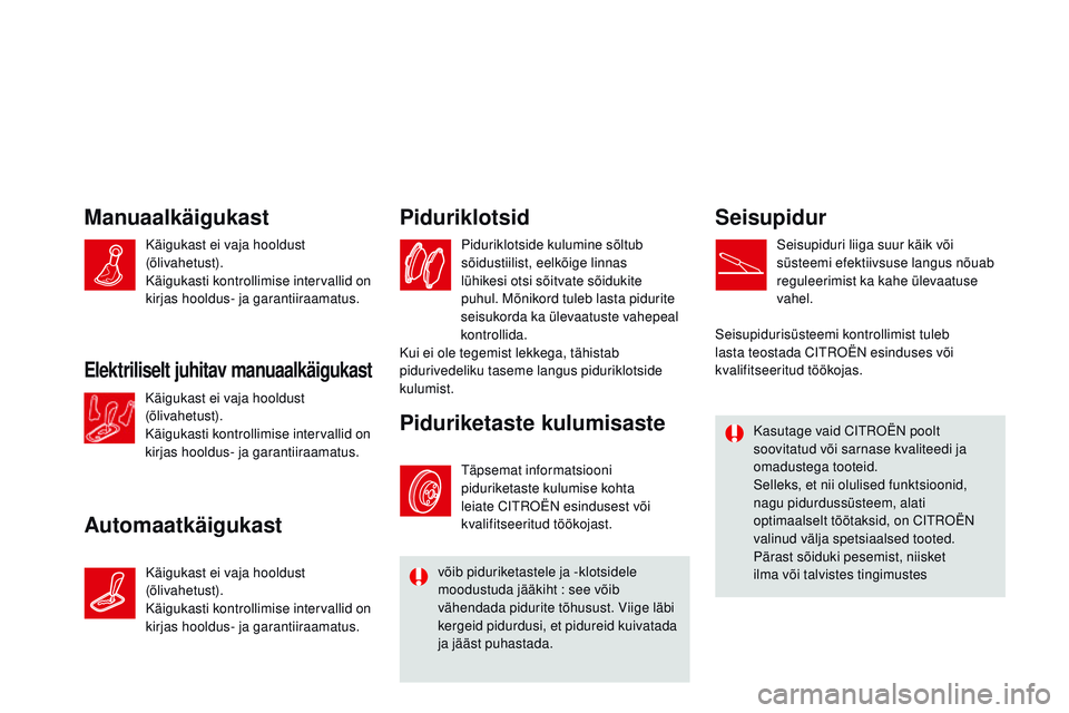 CITROEN DS3 CABRIO 2015  Kasutusjuhend (in Estonian) DS3_et_Chap11_verifications_ed01-2014
manuaalkäigukast
AutomaatkäigukastPiduriklotsid
Piduriklotside kulumine sõltub 
sõidustiilist, eelkõige linnas 
lühikesi otsi sõitvate sõidukite 
puhul. 

