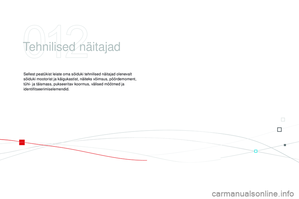 CITROEN DS3 CABRIO 2015  Kasutusjuhend (in Estonian) DS3_et_Chap12_caracteristiques_ed01-2014
tehnilised näitajad
Sellest peatükist leiate oma sõiduki tehnilised näitajad olenevalt 
sõiduki mootorist ja käigukastist, näiteks võimsus, pöördemom