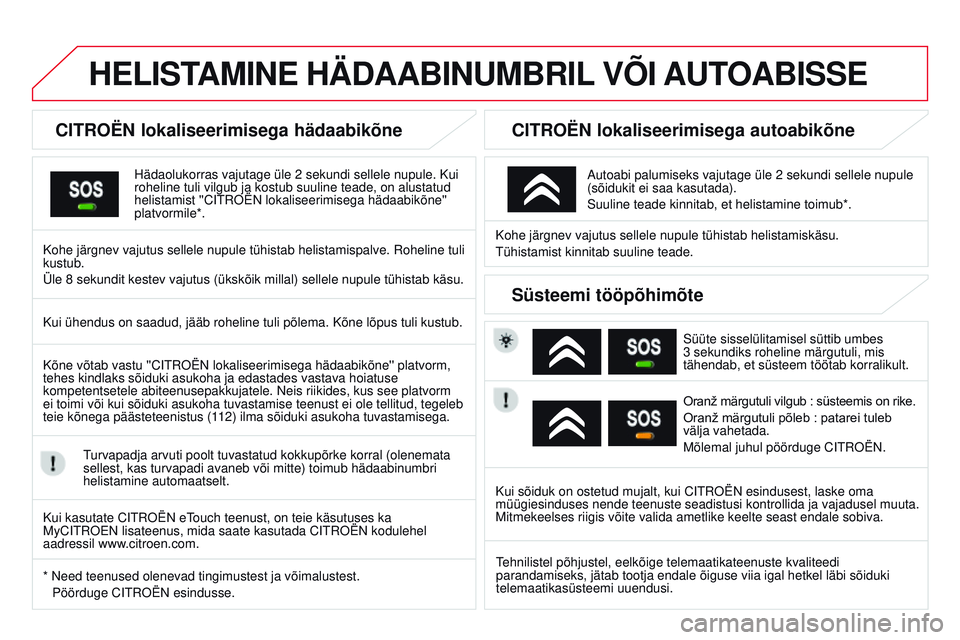 CITROEN DS3 CABRIO 2015 Kasutusjuhend (in Estonian) DS3_et_Chap13a_Bta_ed01-2014
HELiSTAmiNE HÄDAABiNUmBRiL V õi AUT OAB i SSE
CiTROËN lokaliseerimisega hädaabikõne
Hädaolukorras vajutage üle 2 sekundi sellele nupule. Kui
roheline tuli vilgub j CITROEN DS3 CABRIO 2015 Kasutusjuhend (in Estonian) DS3_et_Chap13a_Bta_ed01-2014
HELiSTAmiNE HÄDAABiNUmBRiL V õi AUT OAB i SSE
CiTROËN lokaliseerimisega hädaabikõne
Hädaolukorras vajutage üle 2 sekundi sellele nupule. Kui
roheline tuli vilgub j