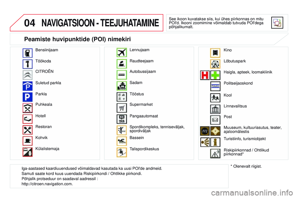 CITROEN DS3 CABRIO 2015 Kasutusjuhend (in Estonian) 04
DS3_et_Chap13b_rt6-2-8_ed01-2014
NAViGATSiOON - TEEJUHATAmiNE
See ikoon kuvatakse siis, kui ühes piirkonnas on mitu
Poi 'd. i kooni zoomimine võimaldab tutvuda P oi 'dega
põhjalikumal CITROEN DS3 CABRIO 2015 Kasutusjuhend (in Estonian) 04
DS3_et_Chap13b_rt6-2-8_ed01-2014
NAViGATSiOON - TEEJUHATAmiNE
See ikoon kuvatakse siis, kui ühes piirkonnas on mitu
Poi 'd. i kooni zoomimine võimaldab tutvuda P oi 'dega
põhjalikumal