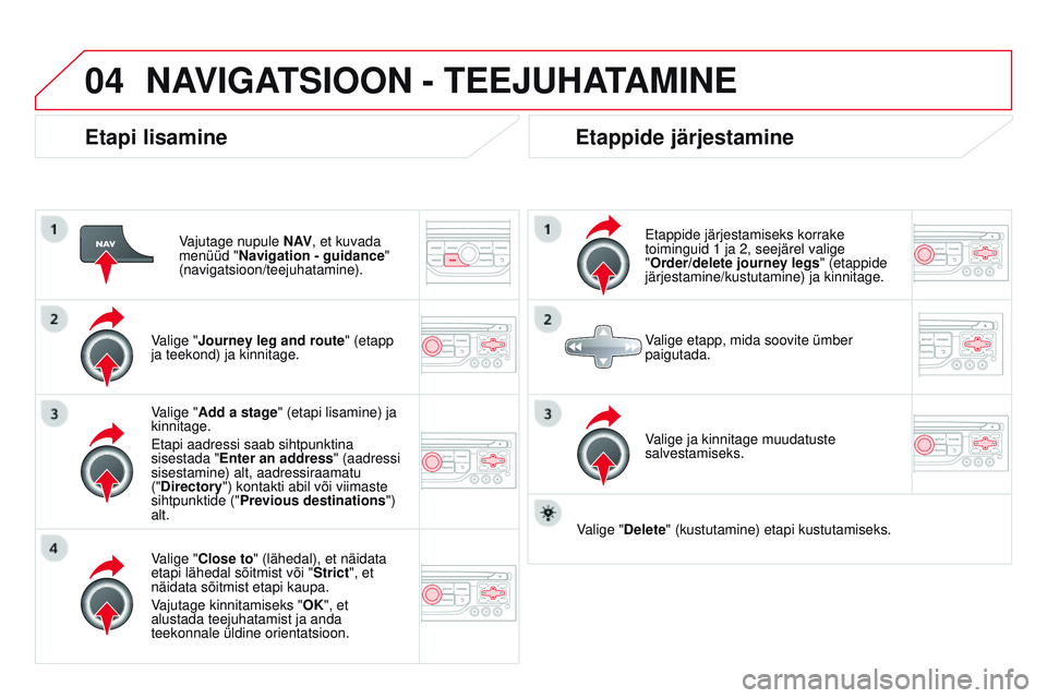 CITROEN DS3 CABRIO 2015 Kasutusjuhend (in Estonian) 04
DS3_et_Chap13b_rt6-2-8_ed01-2014
Etapi lisamine
Vajutage nupule N AV, et kuvada
menüüd " Navigation - guidance "
(navigatsioon/teejuhatamine).
Valige "Journey leg and route " (e CITROEN DS3 CABRIO 2015 Kasutusjuhend (in Estonian) 04
DS3_et_Chap13b_rt6-2-8_ed01-2014
Etapi lisamine
Vajutage nupule N AV, et kuvada
menüüd " Navigation - guidance "
(navigatsioon/teejuhatamine).
Valige "Journey leg and route " (e