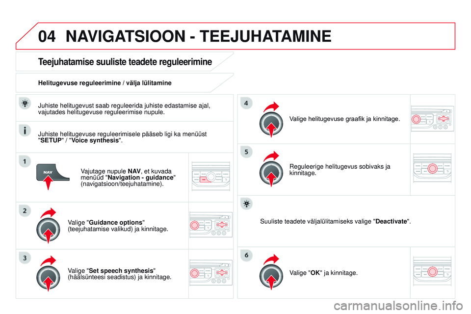 CITROEN DS3 CABRIO 2015 Kasutusjuhend (in Estonian) 04
DS3_et_Chap13b_rt6-2-8_ed01-2014
Vajutage nupule N AV, et kuvada
menüüd " Navigation - guidance "
(navigatsioon/teejuhatamine).
Teejuhatamise suuliste teadete reguleerimine
Valige " CITROEN DS3 CABRIO 2015 Kasutusjuhend (in Estonian) 04
DS3_et_Chap13b_rt6-2-8_ed01-2014
Vajutage nupule N AV, et kuvada
menüüd " Navigation - guidance "
(navigatsioon/teejuhatamine).
Teejuhatamise suuliste teadete reguleerimine
Valige "