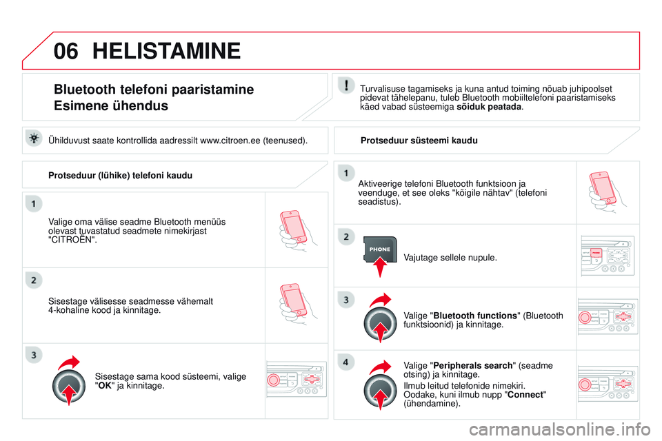 CITROEN DS3 CABRIO 2015 Kasutusjuhend (in Estonian) 06
DS3_et_Chap13b_rt6-2-8_ed01-2014
HELiSTAmiNE
Bluetooth telefoni paaristamine
Esimene ühendusturvalisuse tagamiseks ja kuna antud toiming nõuab juhipoolset
pidevat tähelepanu, tuleb Bluetooth mo CITROEN DS3 CABRIO 2015 Kasutusjuhend (in Estonian) 06
DS3_et_Chap13b_rt6-2-8_ed01-2014
HELiSTAmiNE
Bluetooth telefoni paaristamine
Esimene ühendusturvalisuse tagamiseks ja kuna antud toiming nõuab juhipoolset
pidevat tähelepanu, tuleb Bluetooth mo