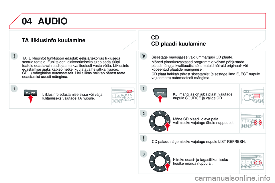 CITROEN DS3 CABRIO 2015 Kasutusjuhend (in Estonian) 04
DS3_et_Chap13c_rD45_ed01_2014
AUDiO
Sisestage mängijasse vaid ümmargusi CD plaate.
m
õned piraatlusvastased programmid võivad põhjustada
plaadimängija kvaliteedist sõltumatuid häireid orig CITROEN DS3 CABRIO 2015 Kasutusjuhend (in Estonian) 04
DS3_et_Chap13c_rD45_ed01_2014
AUDiO
Sisestage mängijasse vaid ümmargusi CD plaate.
m
õned piraatlusvastased programmid võivad põhjustada
plaadimängija kvaliteedist sõltumatuid häireid orig