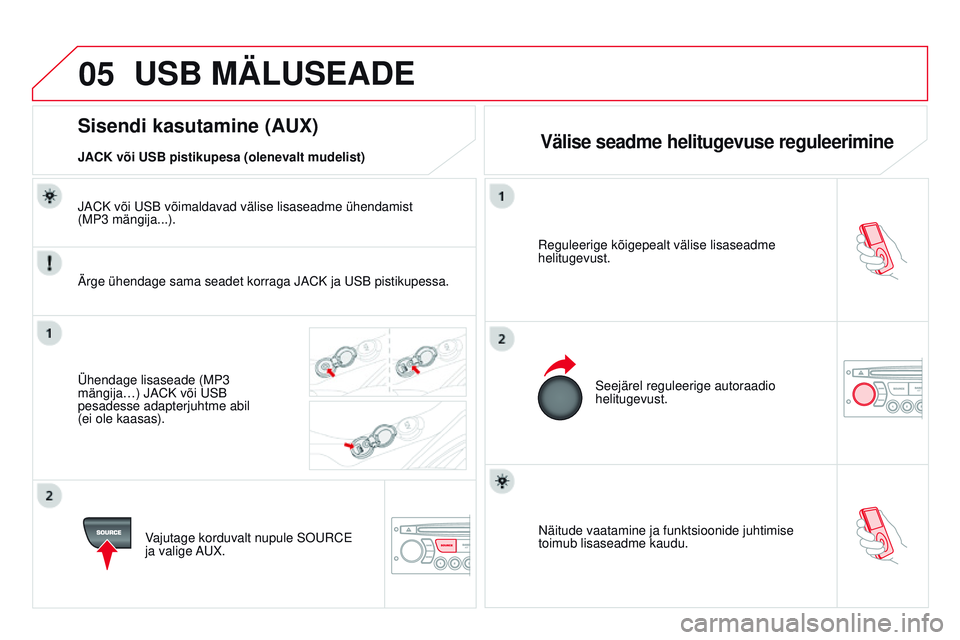 CITROEN DS3 CABRIO 2015 Kasutusjuhend (in Estonian) 05
DS3_et_Chap13c_rD45_ed01_2014
näitude vaatamine ja funktsioonide juhtimise
toimub lisaseadme kaudu.
r
eguleerige kõigepealt välise lisaseadme
helitugevust.
Seejärel reguleerige autoraadio
h CITROEN DS3 CABRIO 2015 Kasutusjuhend (in Estonian) 05
DS3_et_Chap13c_rD45_ed01_2014
näitude vaatamine ja funktsioonide juhtimise
toimub lisaseadme kaudu.
r
eguleerige kõigepealt välise lisaseadme
helitugevust.
Seejärel reguleerige autoraadio
h