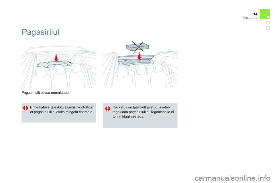 CITROEN DS3 CABRIO 2015  Kasutusjuhend (in Estonian) 14Var ustus
   
Pagasiriiulit ei saa eemaldada. 
 
 
 
 
 
 
Pagasiriiul 
 
 
Enne katuse täielikku avamist kontollige, 
et pagasiriiulil ei oleks mingeid esemeid.     
Kui katus on täielikult avatu
