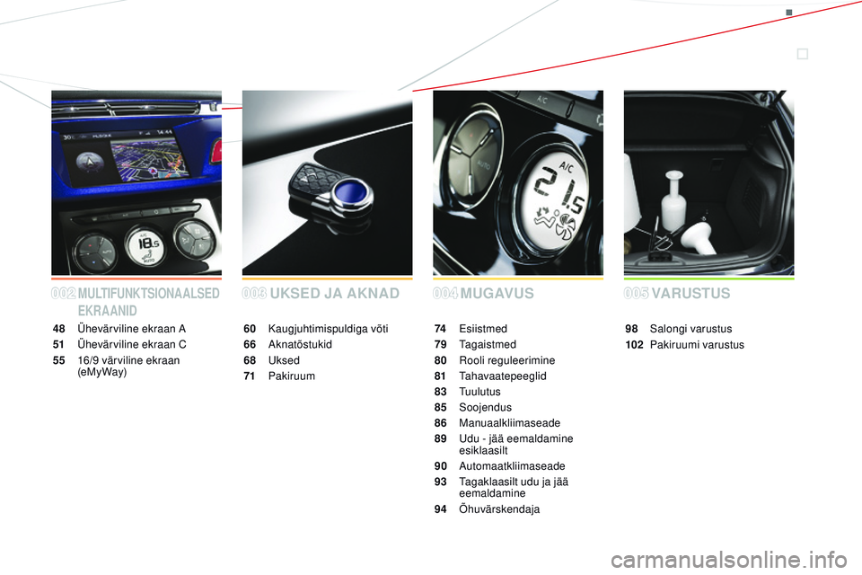 CITROEN DS3 CABRIO 2015  Kasutusjuhend (in Estonian) DS3_et_Chap00a_sommaire_ed01-2014
mULTiFUNKTSiO NAALSED 
EKRAAN
iD
mUGAV US
UKSED JA AKNAD
48 Ühevärviline ekraan  a
51 Ü

hevärviline ekraan C
55
 1

6/9 värviline ekraan 
(e
my

Way) 60 Ka
ugju