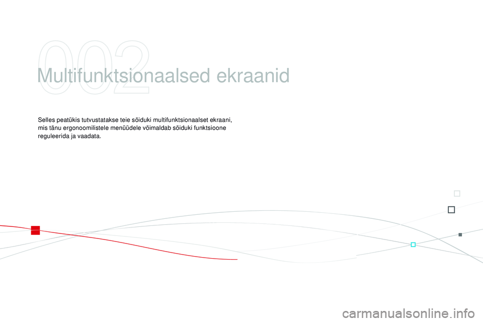 CITROEN DS3 CABRIO 2015  Kasutusjuhend (in Estonian) DS3_et_Chap02_ecrans-multifonction_ed01-2014
multifunktsionaalsed ekraanid
Selles peatükis tutvustatakse teie sõiduki multifunktsionaalset ekraani, 
mis tänu ergonoomilistele menüüdele võimaldab