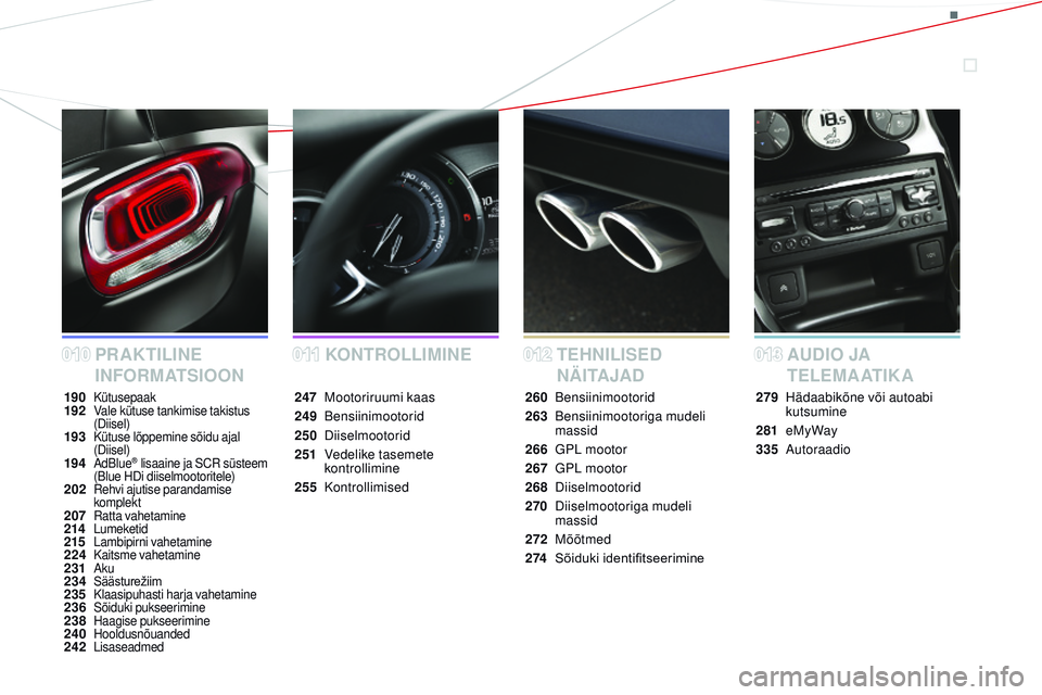 CITROEN DS3 CABRIO 2015  Kasutusjuhend (in Estonian) DS3_et_Chap00a_sommaire_ed01-2014
KONTROLLimi NE
PR AKTiLiN
E 
iN

FOR
mA

TS
i
O

ON TEHNiLiS
ED 
N Ä
iT
 A JA DAUDiO 
JA  
T E L E
mA
 AT
iK
 A
190 Kütusepaak192 Vale kütuse tankimise takistus (D