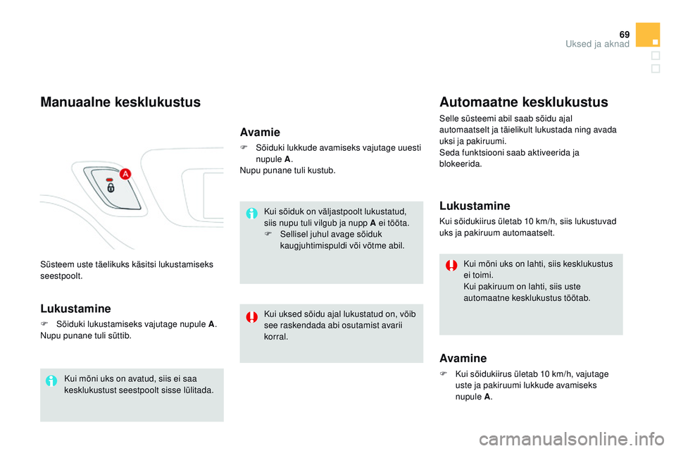 CITROEN DS3 CABRIO 2015 Kasutusjuhend (in Estonian) 69
DS3_et_Chap03_ouvertures_ed01-2014
Süsteem uste täelikuks käsitsi lukustamiseks
seestpoolt.
manuaalne kesklukustus
Lukustamine
F Sõiduki lukustamiseks vajutage nupule A.nup
u punane tuli sütt CITROEN DS3 CABRIO 2015 Kasutusjuhend (in Estonian) 69
DS3_et_Chap03_ouvertures_ed01-2014
Süsteem uste täelikuks käsitsi lukustamiseks
seestpoolt.
manuaalne kesklukustus
Lukustamine
F Sõiduki lukustamiseks vajutage nupule A.nup
u punane tuli sütt