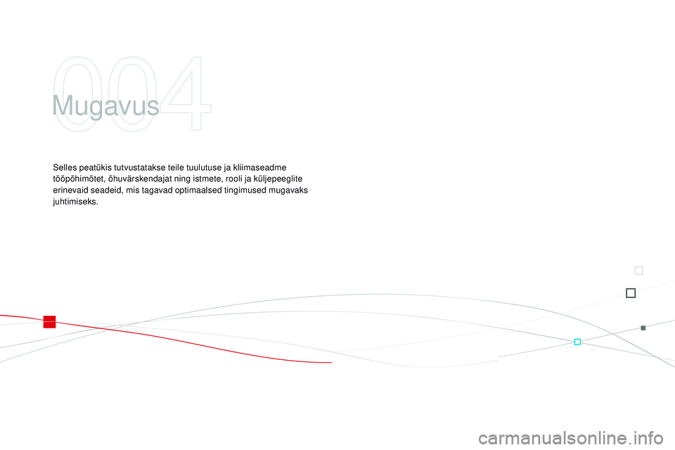 CITROEN DS3 CABRIO 2015 Kasutusjuhend (in Estonian) DS3_et_Chap04_confort_ed01-2014
mugavus
Selles peatükis tutvustatakse teile tuulutuse ja kliimaseadme
tööpõhimõtet, õhuvärskendajat ning istmete, rooli ja küljepeeglite
erinevaid seadeid, mi CITROEN DS3 CABRIO 2015 Kasutusjuhend (in Estonian) DS3_et_Chap04_confort_ed01-2014
mugavus
Selles peatükis tutvustatakse teile tuulutuse ja kliimaseadme
tööpõhimõtet, õhuvärskendajat ning istmete, rooli ja küljepeeglite
erinevaid seadeid, mi