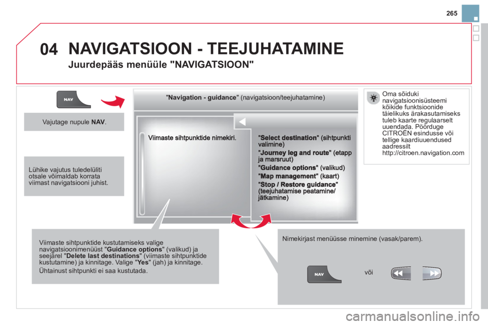 CITROEN DS3 CABRIO 2014  Kasutusjuhend (in Estonian) 265
04
""""""""""""ggggggggggNavigation  guidanceNavigation guidanceNavigation guidanceNavigation guidanceNavigation guidanceNavigation - guidanceNavigation - guidanceNavigation - guidanceNavigation -