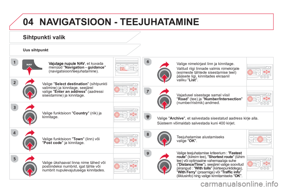 CITROEN DS3 CABRIO 2014  Kasutusjuhend (in Estonian) 04
NAV, et kuvada
menüüd " Navigation - guidance 
" (navigatsioon/teejuhatamine).    
Uus siht
punkt  
NAVIGATSIOON - TEEJUHATAMINE
Sihtpunkti valik 
 
 
Valige " Select destination 
" (sihtpunkti
v