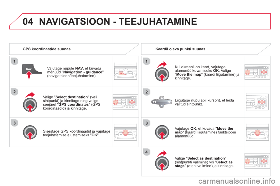 CITROEN DS3 CABRIO 2014  Kasutusjuhend (in Estonian) 04
   
Valige " Select destination 
" (vali sihtpunkt) ja kinnitage ning valige seejärel "GPS coordinates" (GPS
koordinaadid) ja kinnitage.
   
Sisestage GPS koordinaadid ja vajutage 
teejuhatamise a
