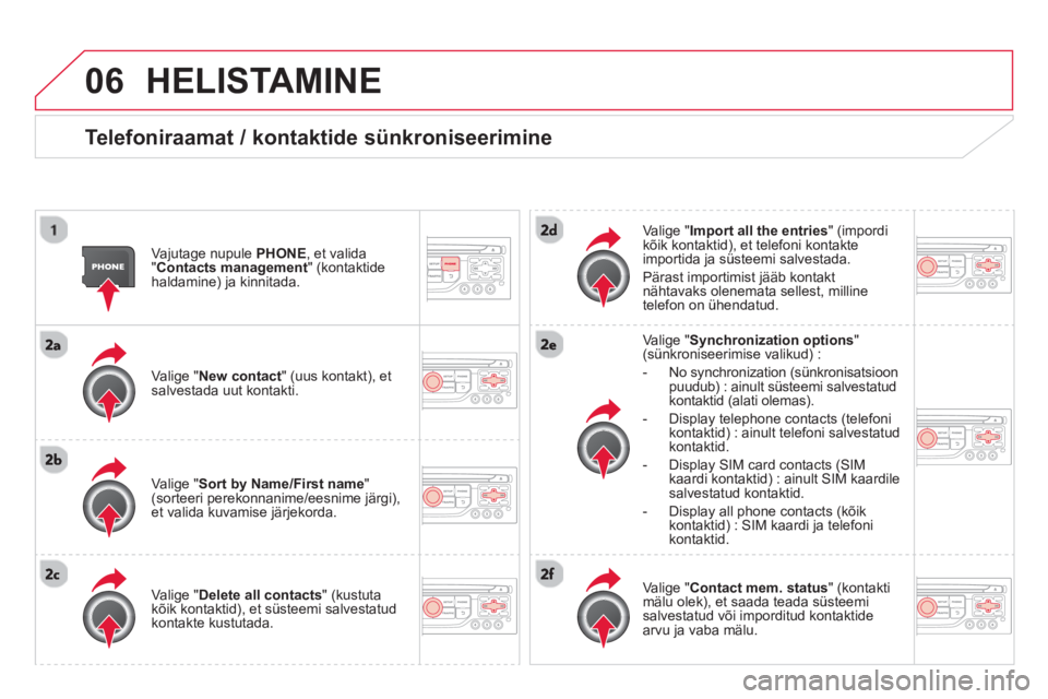 CITROEN DS3 CABRIO 2014  Kasutusjuhend (in Estonian) 06HELISTAMINE 
   
Telefoniraamat / kontaktide sünkroniseerimine 
 
 
Vajutage nupule  PHONE, et valida
"Contacts management" (kontaktidehaldamine) ja kinnitada.  
   
Vali
ge " New contact 
" (uus k