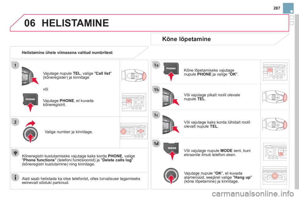 CITROEN DS3 CABRIO 2014  Kasutusjuhend (in Estonian) 287
06HELISTAMINE 
   
 Helistamine ühele viimasena valitud numbritest  
Va
jutage nupule TEL, valige " Call list"(kõneregister) ja kinnitage
Vali
ge number ja kinnitage.  
Kõnere
gistri kustutamis
