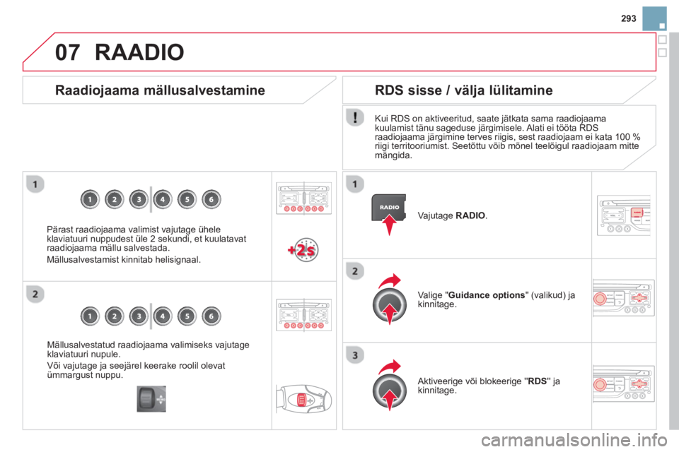 CITROEN DS3 CABRIO 2014  Kasutusjuhend (in Estonian) 293
07
Mällusalvestatud raadiojaama valimiseks vajutageklaviatuuri nupule. 
Või vajutage ja seej
ärel keerake roolil olevat ümmargust nuppu.
   Raadiojaama mällusalvestamine 
 
 Pärast raadiojaa