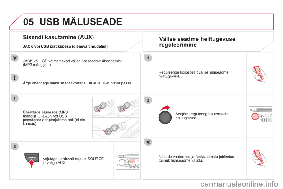 CITROEN DS3 CABRIO 2014  Kasutusjuhend (in Estonian) 05
   
Näitude vaatamine ja funktsioonide juhtimise
toimub lisaseadme kaudu.  
  Re
guleerige kõigepealt välise lisaseadmehelitugevust.  
Seejärel reguleerige autoraadiohelitugevust.  
 
 
 
 
 
 
