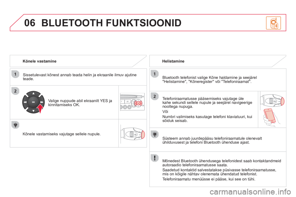 CITROEN DS3 CABRIO 2014  Kasutusjuhend (in Estonian) 06
   
Kõnele vastamine  
   
Sissetulevast kõnest annab teada helin 
ja ekraanile ilmuv ajutine 
teade.  
   
Vali
ge nuppude abil ekraanilt YES ja
kinnitamiseks OK.
   
Kõnele vastamiseks va
juta
