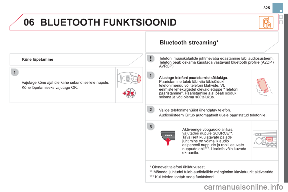 CITROEN DS3 CABRIO 2014  Kasutusjuhend (in Estonian) 325
06
Paaristamine tuleb läbi viia läbisõiduki
telefonimenüü või telefoni klahvide. Vt.
eelmistellehekülgedel olevaid etappe Telefoni
paaristamine. Paaristamise ajal peab sõiduk seisma ja
