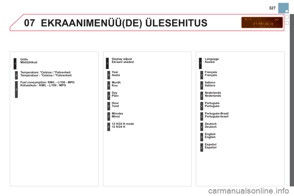 CITROEN DS3 CABRIO 2014  Kasutusjuhend (in Estonian) 327
07
   
Mõõtühikud 
   
 
Te m
peratuur : °Celsius / °Fahrenheit
   
Kütusekulu : KM/L - L/100 - MPG  
 
 
1
2
2
 
EKRAANIMENÜÜ(DE) ÜLESEHITUS 
 
 
Ekraani seaded
   
Kuu
   
P
äev
   
Tu