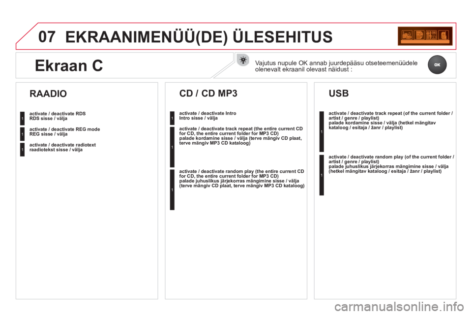 CITROEN DS3 CABRIO 2014  Kasutusjuhend (in Estonian) 07EKRAANIMENÜÜ(DE) ÜLESEHITUS
RDS sisse / välja
REG sisse / väl
ja  
raadiotekst sisse 
/ välja  
 
 
 
RAADIO 
 
 
Intro sisse / välja 
 
 
CD / CD MP3 
 
 
palade kordamine sisse / välja (te