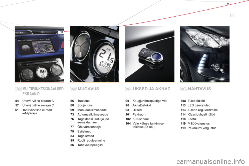 CITROEN DS3 CABRIO 2014  Kasutusjuhend (in Estonian) MULTIFUNKTSIONAALSED 
EKRAANIDMUGAVUS UKSED JA AKNAD NÄHTAVUS
54 Ühevärviline ekraanA
57 Ühevärviline ekraanC
6116/9 vär viline ekraan (eMyWay)
66 Tu u l utus
68Soojendus
69 Manuaalkliimaseade
7