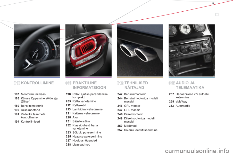 CITROEN DS3 CABRIO 2014  Kasutusjuhend (in Estonian) KONTROLLIMINE PRAKTILINE 
INFORMATSIOONTEHNILISED 
NÄITAJADAUDIO JA 
TELEMAATIKA
187 Mootoriruumi kaas
188 Kütuse lõppemine sõidu ajal(Diisel)
189Bensiinimootorid
190Diiselmootorid
191Vedelike tas