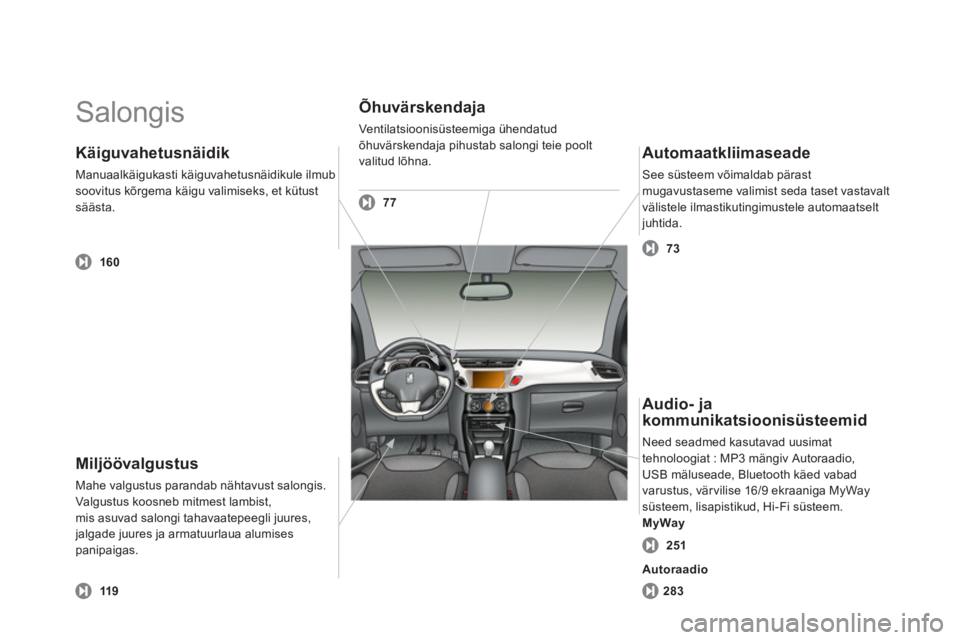 CITROEN DS3 CABRIO 2013  Kasutusjuhend (in Estonian)   Salongis  
Miljöövalgustus 
Mahe valgustus parandab nähtavust salongis.Valgustus koosneb mitmest lambist,mis asuvad salongi tahavaatepeegli juures,jalgade juures ja armatuurlaua alumisespanipaiga