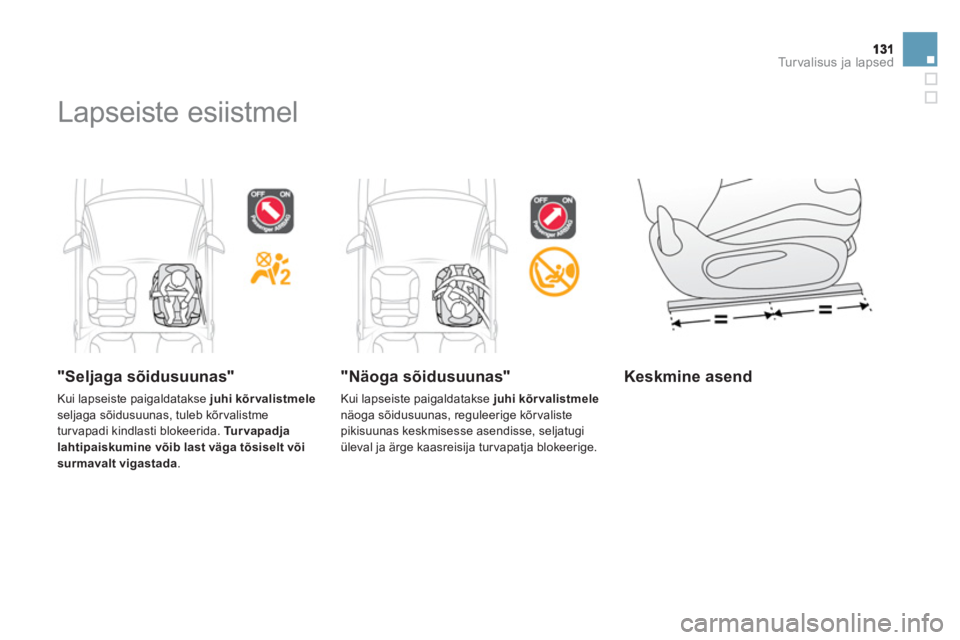 CITROEN DS3 CABRIO 2013  Kasutusjuhend (in Estonian) Turvalisus ja lapsed
  Lapseiste esiistmel  
 
 
"Seljaga sõidusuunas"
 
Kui lapseiste paigaldatakse juhi kõrvalistmeleseljaga sõidusuunas, tuleb kõrvalistme 
tur vapadi kindlasti blokeerida. Turv