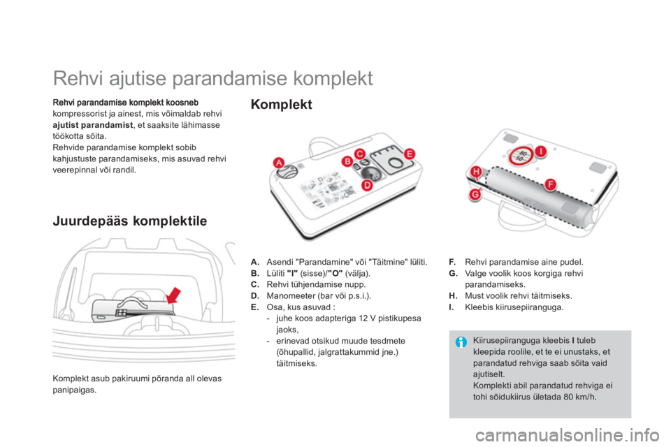 CITROEN DS3 CABRIO 2013 Kasutusjuhend (in Estonian)
Rehvi ajutise parandamise komplekt
kompressorist ja ainest, mis võimaldab rehviajutist parandamist, et saaksite lähimasse
töökotta sõita.
Rehvide parandamise CITROEN DS3 CABRIO 2013 Kasutusjuhend (in Estonian)
Rehvi ajutise parandamise komplekt
kompressorist ja ainest, mis võimaldab rehviajutist parandamist, et saaksite lähimasse
töökotta sõita.
Rehvide parandamise