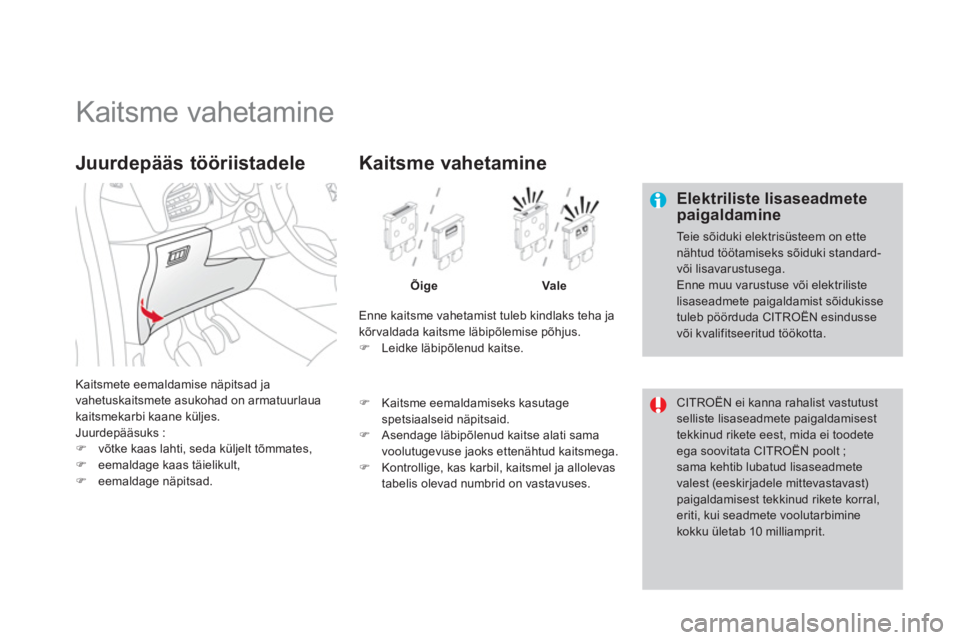 CITROEN DS3 CABRIO 2013  Kasutusjuhend (in Estonian)    
 
 
 
 
 
 
 
 
 
 
 
 
 
 
 
 
 
 
Kaitsme vahetamine 
 
 Elektriliste lisaseadmete paigaldamine 
 Te i e sõiduki elektrisüsteem on ettenähtud töötamiseks sõiduki standard-või lisavarustus