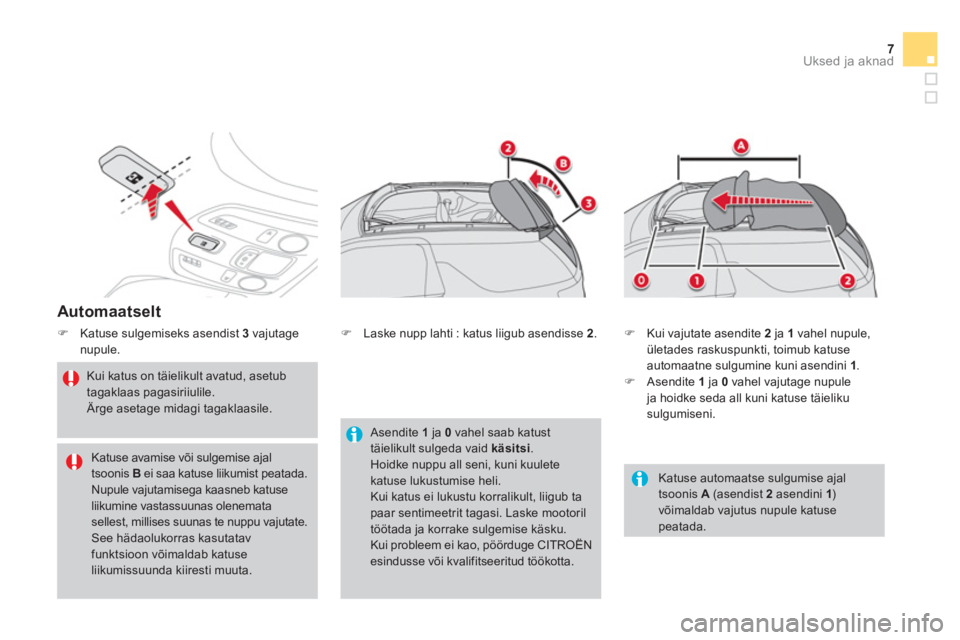 CITROEN DS3 CABRIO 2013  Kasutusjuhend (in Estonian) 7Uksed ja aknad
   
Automaatselt 
�)Katuse sulgemiseks asendist 3vajutage nupule. 
 
 
Kui katus on täielikult avatud, asetub tagaklaas pagasiriiulile.  Ärge asetage midagi tagaklaasile.  
 
 
Katus