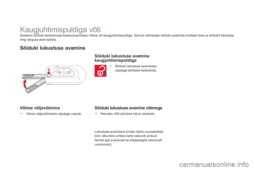CITROEN DS3 CABRIO 2013  Kasutusjuhend (in Estonian)    
 
 
 
 
 
 
 
 
 
 
 
 
 
 
 
 
Kaugjuhtimispuldiga võti Süsteem sõiduki kesklukustamiseks/avamiseks võtme või kaugjuhtimispuldiga. Samuti võimaldab sõiduki asukohta kindlaks teha ja sõidu