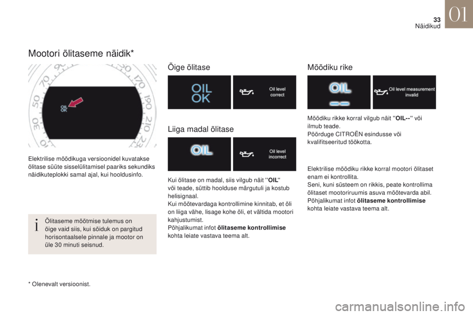 CITROEN DS4 2017 Kasutusjuhend (in Estonian) 33
DS4_et _Chap01_instruments- de-bord_ed01-2016
Elektrilise mõõdikuga versioonidel kuvatakse
õlitase süüte sisselülitamisel paariks sekundiks
näidikuteplokki samal ajal, kui hooldusinfo.
Moo CITROEN DS4 2017 Kasutusjuhend (in Estonian) 33
DS4_et _Chap01_instruments- de-bord_ed01-2016
Elektrilise mõõdikuga versioonidel kuvatakse
õlitase süüte sisselülitamisel paariks sekundiks
näidikuteplokki samal ajal, kui hooldusinfo.
Moo