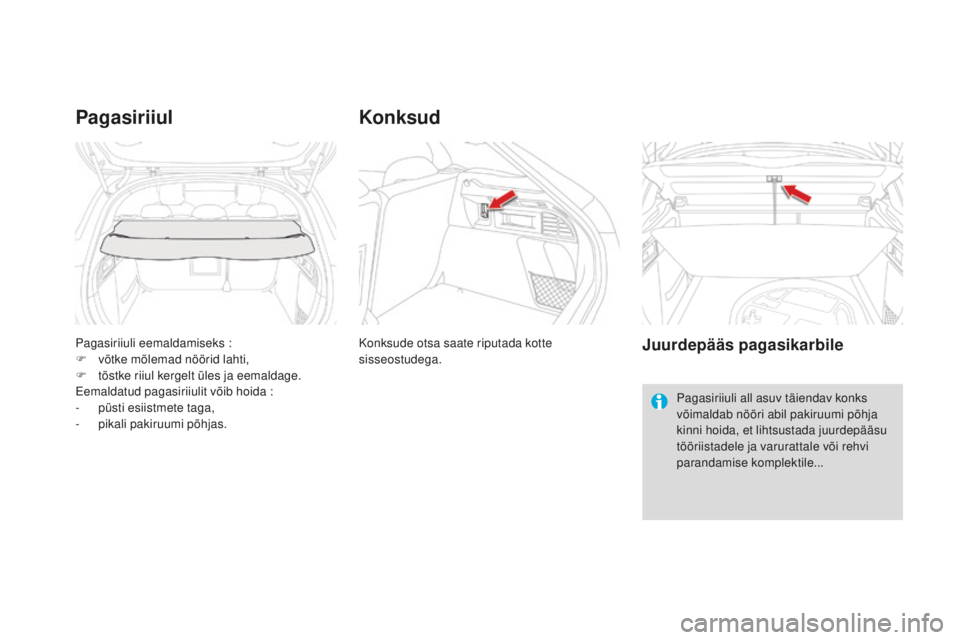 CITROEN DS4 2016  Kasutusjuhend (in Estonian) DS4_et_Chap04_amenagement_ed03-2015
Pagasiriiuli eemaldamiseks :
F  v õtke mõlemad nöörid lahti,
F
 
t
 õstke riiul kergelt üles ja eemaldage.
Eemaldatud pagasiriiulit võib hoida
 

:
-
 
p
 ü