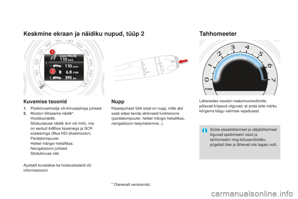 CITROEN DS4 2016 Kasutusjuhend (in Estonian) DS4_et_Chap01_controle-de-marche_ed03-2015
Keskmine ekraan ja näidiku nupud, tüüp 2
Kuvamise tsoonid
1. Püsikiirusehoidja või kiirusepiiraja juhised.
2. Mootori õlitaseme näidik*.
Hooldusnä CITROEN DS4 2016 Kasutusjuhend (in Estonian) DS4_et_Chap01_controle-de-marche_ed03-2015
Keskmine ekraan ja näidiku nupud, tüüp 2
Kuvamise tsoonid
1. Püsikiirusehoidja või kiirusepiiraja juhised.
2. Mootori õlitaseme näidik*.
Hooldusnä