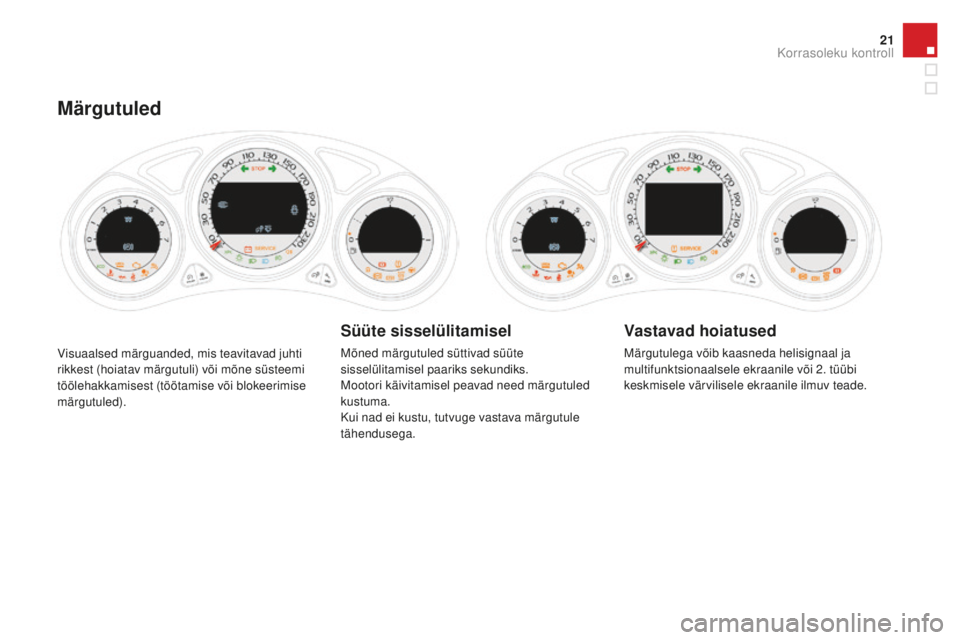 CITROEN DS4 2016 Kasutusjuhend (in Estonian) 21
DS4_et_Chap01_controle-de-marche_ed03-2015
Visuaalsed märguanded, mis teavitavad juhti
rikkest (hoiatav märgutuli) või mõne süsteemi
töölehakkamisest (töötamise või blokeerimise
märgu CITROEN DS4 2016 Kasutusjuhend (in Estonian) 21
DS4_et_Chap01_controle-de-marche_ed03-2015
Visuaalsed märguanded, mis teavitavad juhti
rikkest (hoiatav märgutuli) või mõne süsteemi
töölehakkamisest (töötamise või blokeerimise
märgu