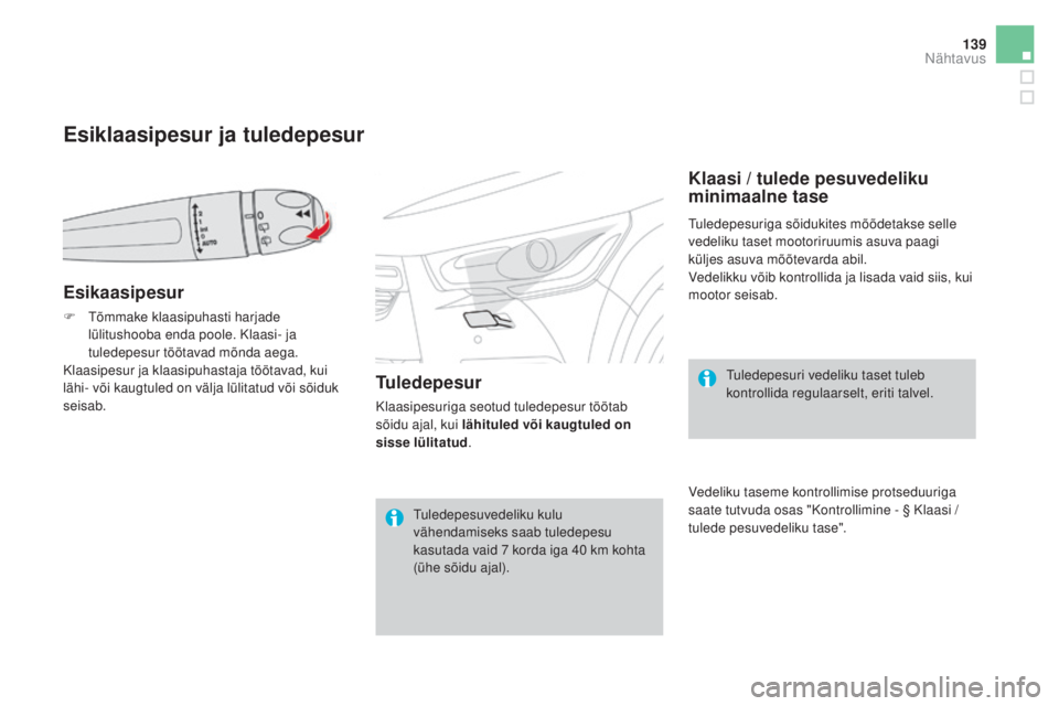 CITROEN DS4 2015  Kasutusjuhend (in Estonian) 139
DS4_et_Chap05_visibilite_ed02-2015
Esiklaasipesur ja tuledepesur
Esikaasipesur
F Tõmmake klaasipuhasti harjade lülitushooba enda poole. Klaasi- ja 
tuledepesur töötavad mõnda aega.
Klaasipesu