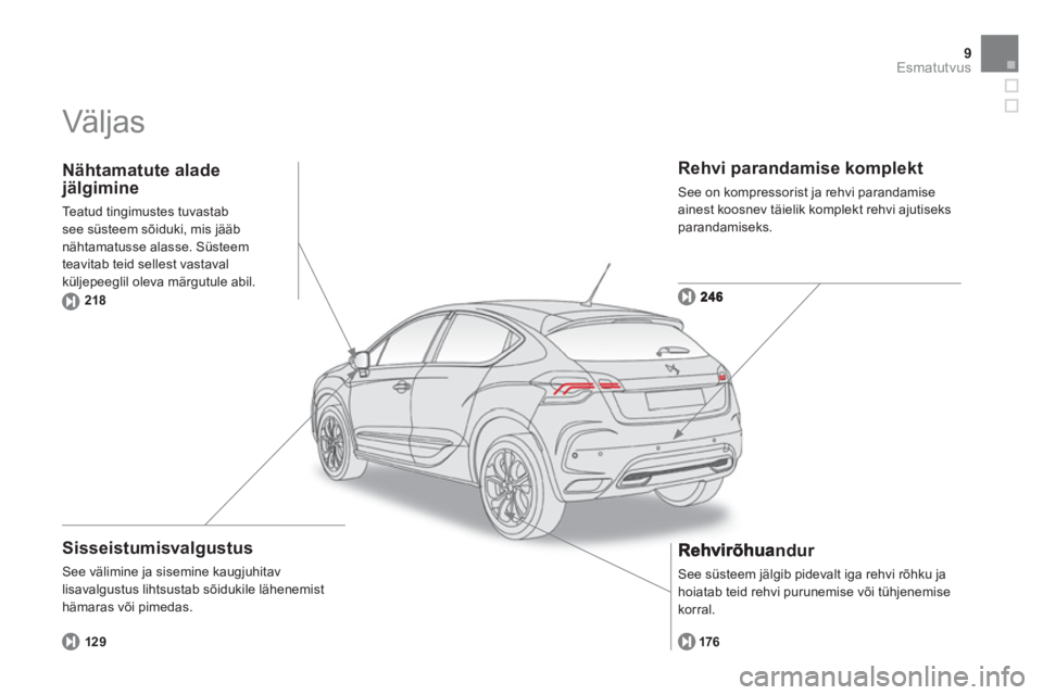 CITROEN DS4 2013  Kasutusjuhend (in Estonian) 9Esmatutvus
  Väljas  
 
 
Sisseistumisvalgustus 
 See välimine ja sisemine kaugjuhitav 
lisavalgustus lihtsustab sõidukile lähenemisthämaras või pimedas. 
   Rehvi parandamise komplekt
 See on 
