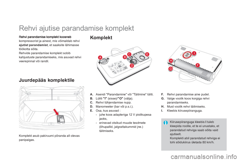 CITROEN DS4 2013 Kasutusjuhend (in Estonian)
Rehvi ajutise parandamise komplekt
kompressorist ja ainest, mis võimaldab rehviajutist parandamist, et saaksite lähimasse
töökotta sõita.
Rehvide parandamise CITROEN DS4 2013 Kasutusjuhend (in Estonian)
Rehvi ajutise parandamise komplekt
kompressorist ja ainest, mis võimaldab rehviajutist parandamist, et saaksite lähimasse
töökotta sõita.
Rehvide parandamise