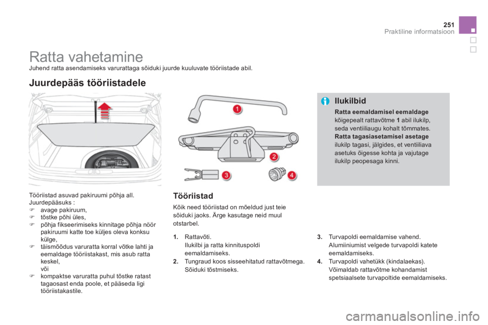 CITROEN DS4 2013  Kasutusjuhend (in Estonian) 251Praktiline informatsioon
   
 
 
 
 
 
 
 
 
 
 
 
 
 
Ratta vahetamine  Juhend ratta asendamiseks varurattaga sõiduki juurde kuuluvate tööriistade abil.
 
Tööriistad asuvad pakiruumi põhja a