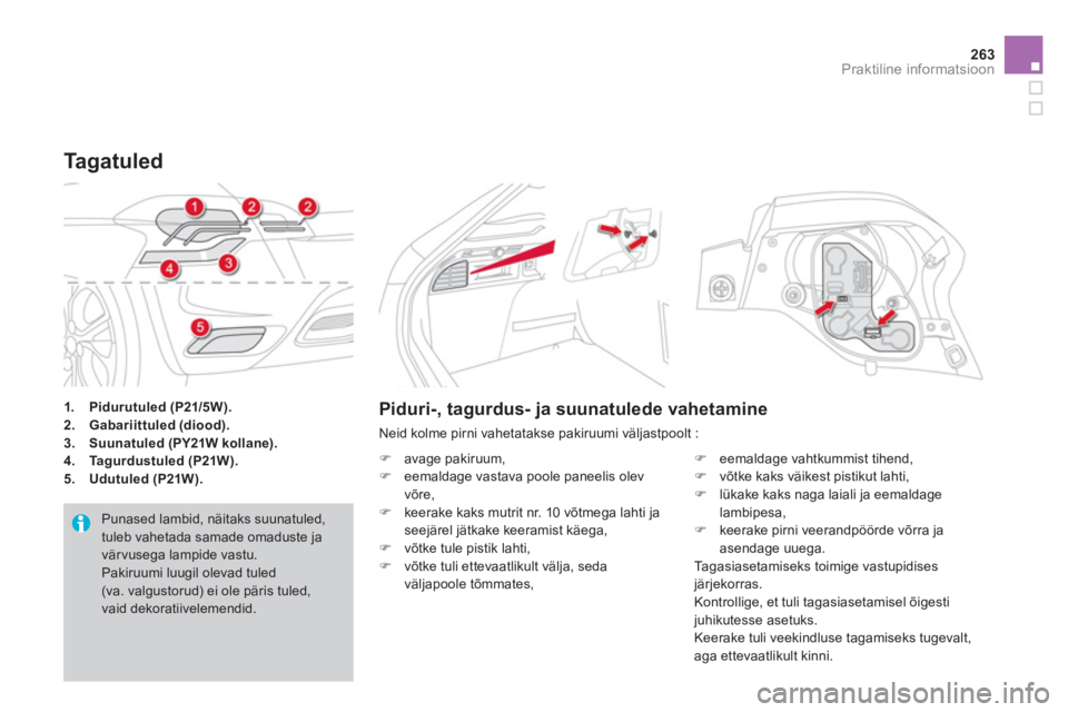 CITROEN DS4 2013  Kasutusjuhend (in Estonian) 263Praktiline informatsioon
1.Pidurutuled (P21/5W).2.Gabariittuled (diood).3.Suunatuled (PY21W kollane).4.Tagurdustuled (P21W).5.    Udutuled (P21W).
Tagatuled 
  Punased lambid, näitaks suunatuled, 