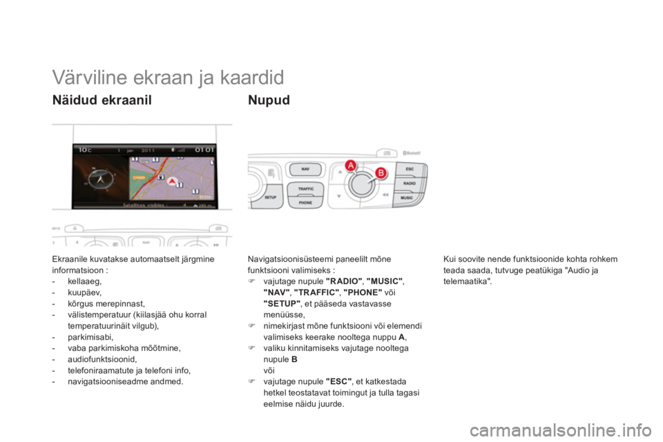 CITROEN DS4 2013  Kasutusjuhend (in Estonian)    
 
 
 
 
 
 
 
 
 
 
 
 
 
 
 
 
 
 
 
 
 
 
Värviline ekraan ja kaardid 
Ekraanile kuvatakse automaatselt järgmine 
informatsioon : 
-  kellaaeg,
-  kuupäev,
-  kõrgus merepinnast,
-  väliste
