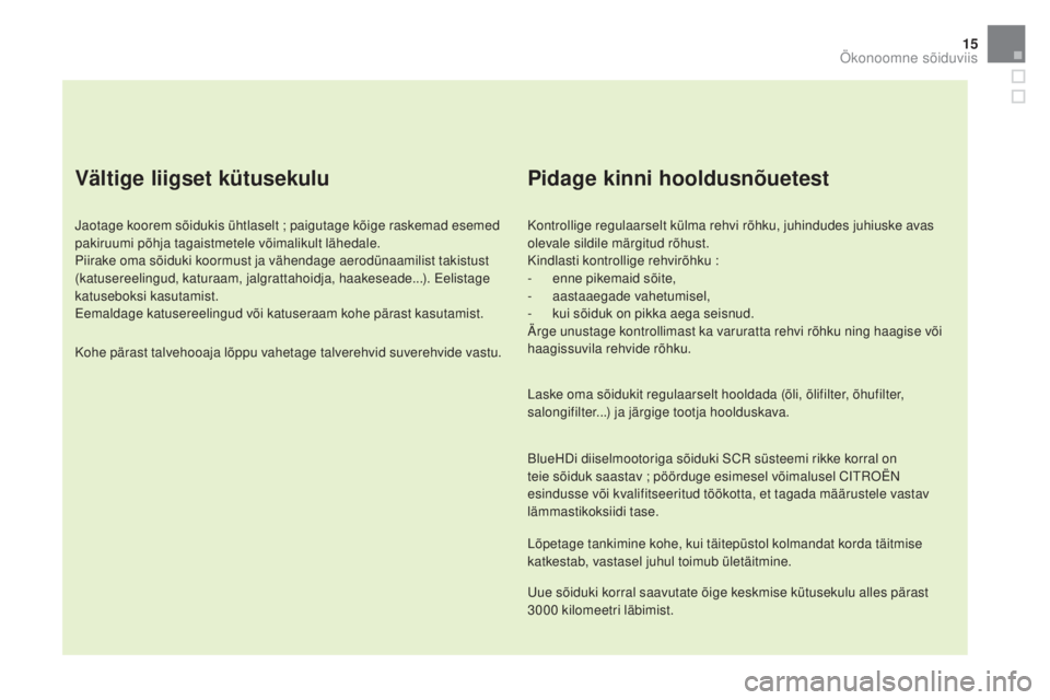 CITROEN DS5 2016 Kasutusjuhend (in Estonian) 15
DS5_et_Chap00c_eco-conduite_ed02-2015
Vältige liigset kütusekulu
Jaotage koorem sõidukis ühtlaselt ; paigutage kõige raskemad esemed
pakiruumi põhja tagaistmetele võimalikult lähedale.
Pii CITROEN DS5 2016 Kasutusjuhend (in Estonian) 15
DS5_et_Chap00c_eco-conduite_ed02-2015
Vältige liigset kütusekulu
Jaotage koorem sõidukis ühtlaselt ; paigutage kõige raskemad esemed
pakiruumi põhja tagaistmetele võimalikult lähedale.
Pii