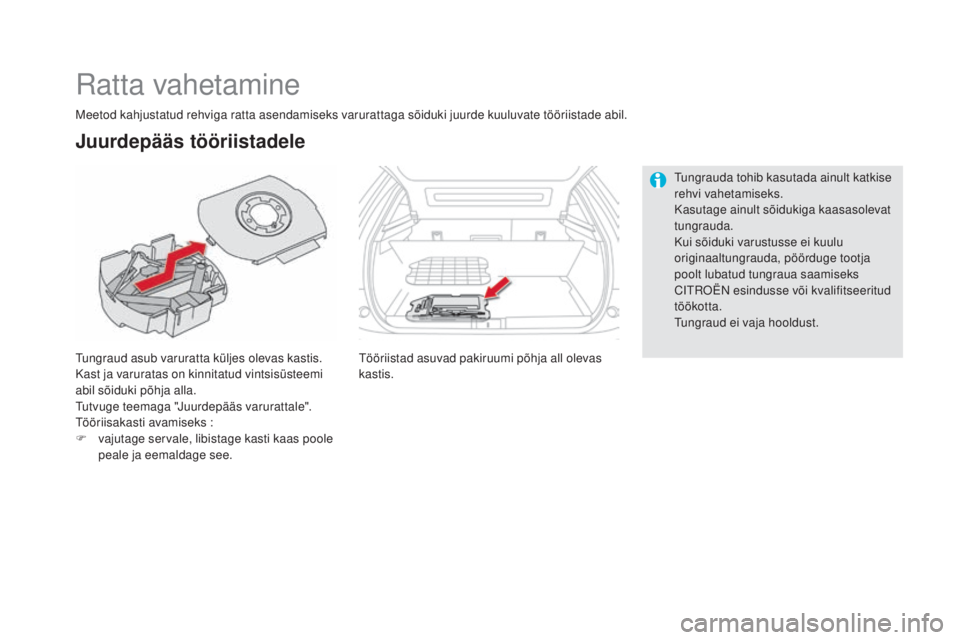 CITROEN DS5 2016 Kasutusjuhend (in Estonian) DS5_et_Chap08_info-pratiques_ed02-2015
Ratta vahetamine
Tungraud asub varuratta küljes olevas kastis.
Kast ja varuratas on kinnitatud vintsisüsteemi
abil sõiduki põhja alla.
Tutvuge teemaga " CITROEN DS5 2016 Kasutusjuhend (in Estonian) DS5_et_Chap08_info-pratiques_ed02-2015
Ratta vahetamine
Tungraud asub varuratta küljes olevas kastis.
Kast ja varuratas on kinnitatud vintsisüsteemi
abil sõiduki põhja alla.
Tutvuge teemaga "