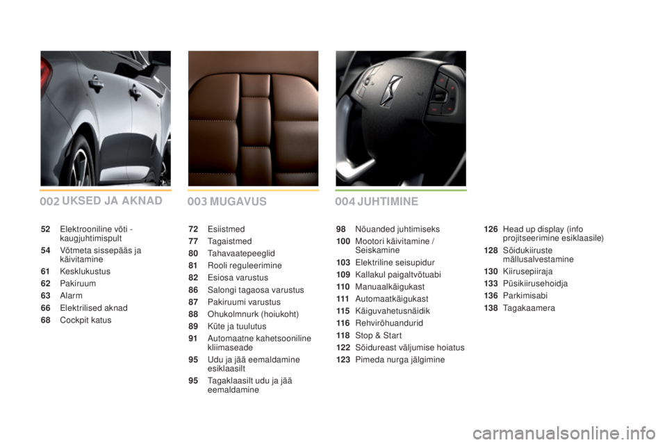 CITROEN DS5 2016  Kasutusjuhend (in Estonian) 002003004
DS5_et_Chap00a_sommaire_ed02-2015
mUGAV US
UKSEd
 JA AKNAdJ
UHT imiN E
72 Esiistmed
77
 

Tagaistmed
80
 

Tahavaatepeeglid
81
 R

ooli reguleerimine
82
 E

siosa varustus
86
 S

alongi taga