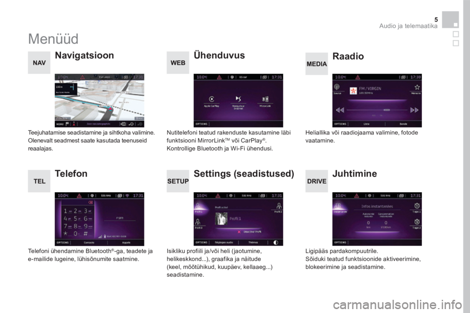 CITROEN DS5 2016 Kasutusjuhend (in Estonian) 5 Audio ja telemaatika
Menüüd
Settings (seadistused)
Raadio Navigatsioon
Juhtimine
Ühenduvus
Telefon
Isikliku profiili ja/või heli (jaotumine, helikeskkond...), graa CITROEN DS5 2016 Kasutusjuhend (in Estonian) 5 Audio ja telemaatika
Menüüd
Settings (seadistused)
Raadio Navigatsioon
Juhtimine
Ühenduvus
Telefon
Isikliku profiili ja/või heli (jaotumine, helikeskkond...), graa