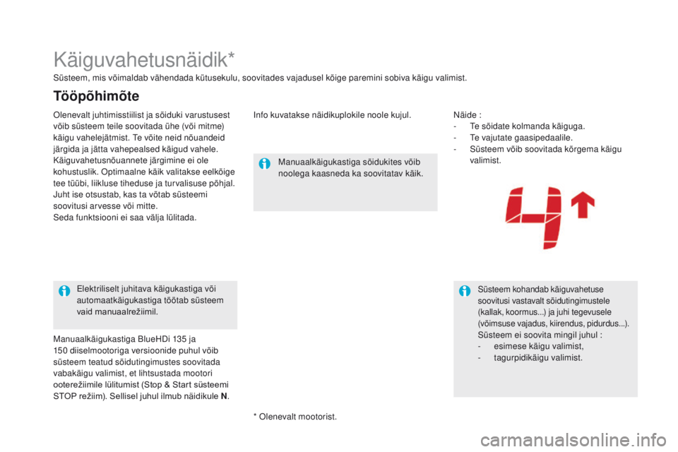 CITROEN DS5 2015 Kasutusjuhend (in Estonian) DS5_et_Chap04_conduite_ed01-2015
Käiguvahetusnäidik*
Süsteem, mis võimaldab vähendada kütusekulu, soovitades vajadusel kõige paremini sobiva käigu valimist.Info kuvatakse näidikuplokile noole CITROEN DS5 2015 Kasutusjuhend (in Estonian) DS5_et_Chap04_conduite_ed01-2015
Käiguvahetusnäidik*
Süsteem, mis võimaldab vähendada kütusekulu, soovitades vajadusel kõige paremini sobiva käigu valimist.Info kuvatakse näidikuplokile noole