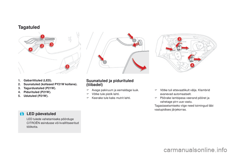 CITROEN DS5 2015 Kasutusjuhend (in Estonian) DS5_et_Chap08_info-pratiques_ed01-2015
1. Gabariittuled (LEd).
2. S uunatuled (kollased PY21W kollane).
3.
T
agurdustuled (P21W).
4.
P
idurituled (P21W).
5.
U
dutuled (P21W).
Ta g a t u l e d
Su CITROEN DS5 2015 Kasutusjuhend (in Estonian) DS5_et_Chap08_info-pratiques_ed01-2015
1. Gabariittuled (LEd).
2. S uunatuled (kollased PY21W kollane).
3.
T
agurdustuled (P21W).
4.
P
idurituled (P21W).
5.
U
dutuled (P21W).
Ta g a t u l e d
Su